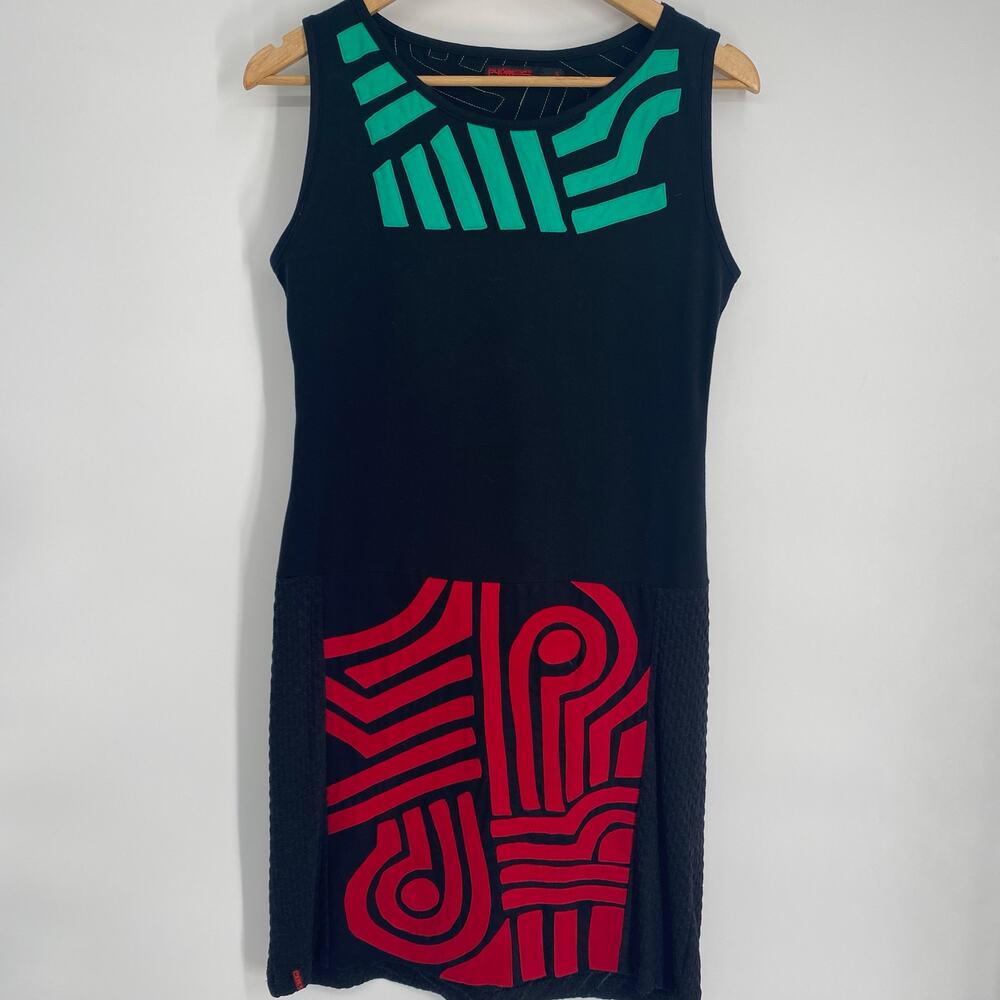 Pygmes Dress Women’s 6 Black With Appliqué‎ Patchwork Tribal Sheath Colorful
